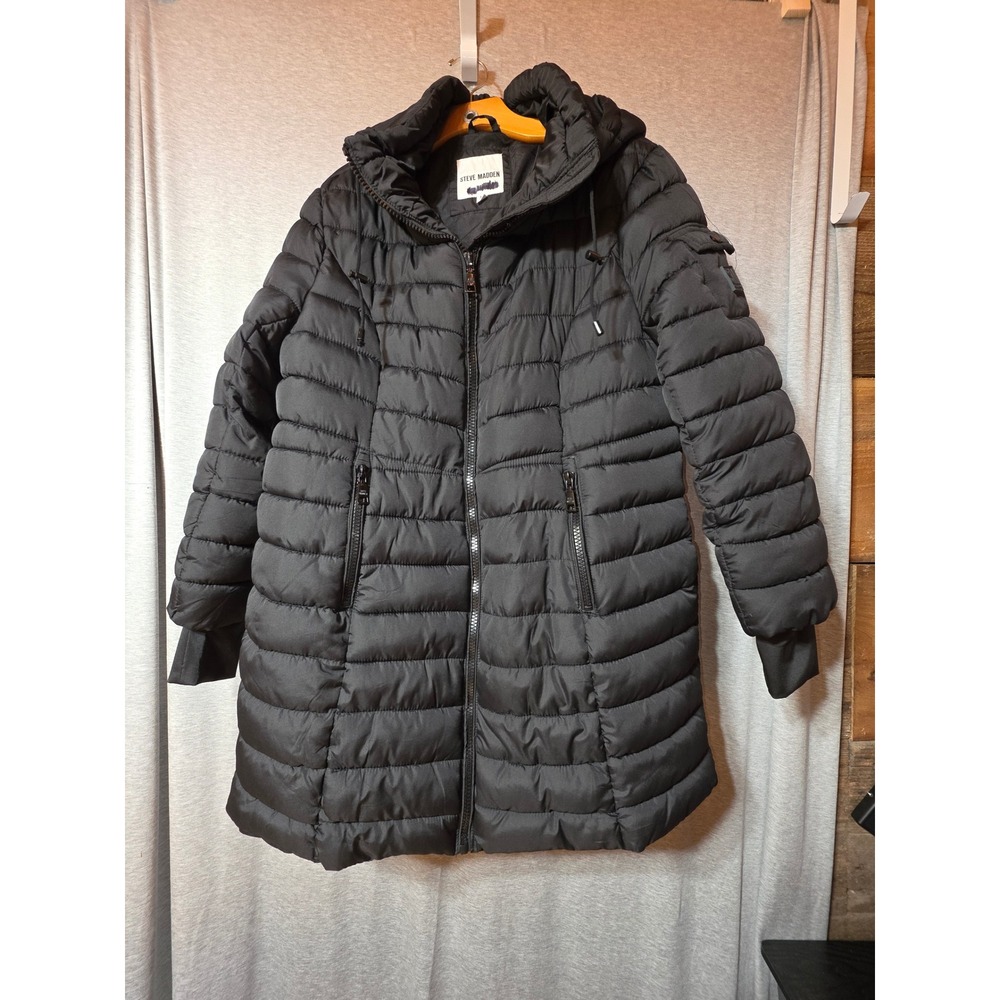 Steve Madden Womens Black Hooded Puffer Coat Mid Length Jacket 1X RN 127805
